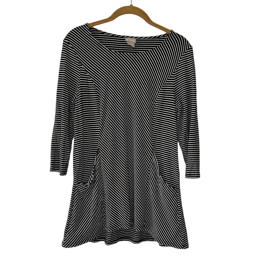 Chico's Women’s Black White Striped Tunic Pockets Medium